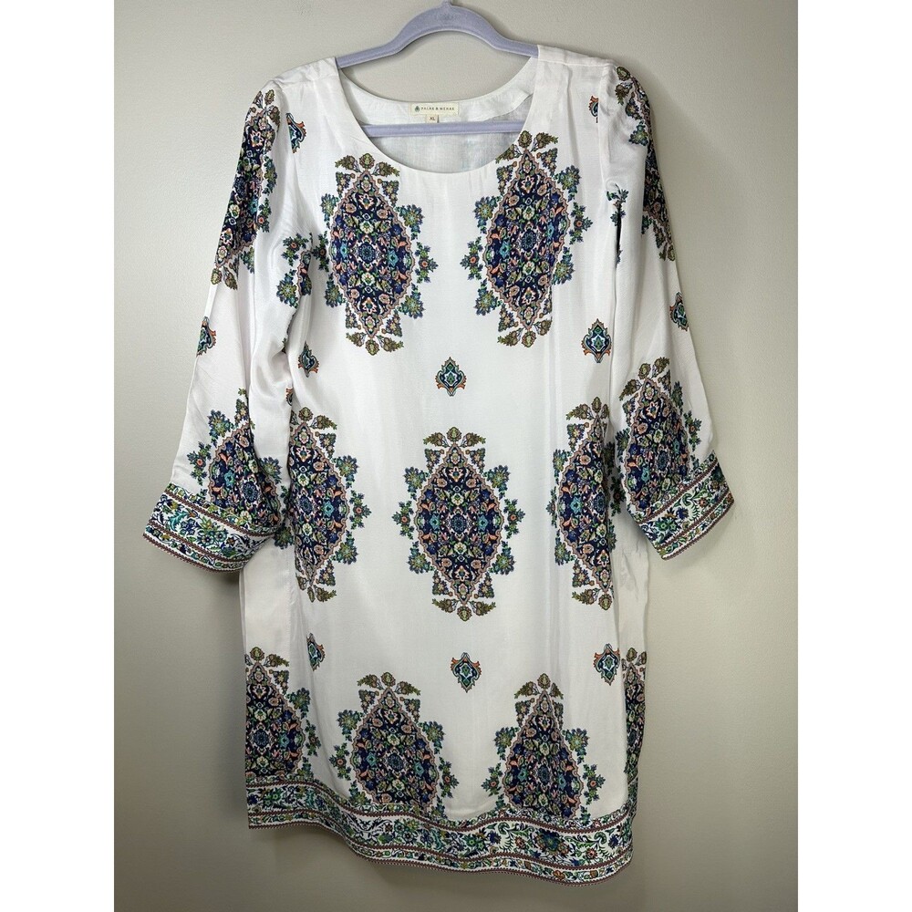 Palak & Mehak Top Women's XL White Tunic Floral India Lagenlook Event Feminine